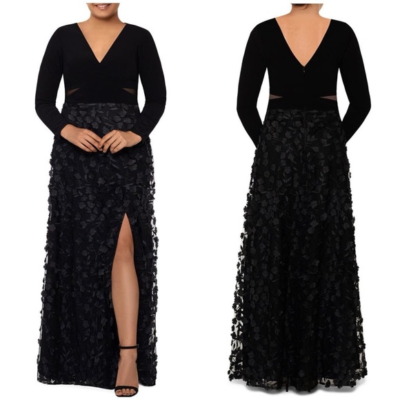 NWT Xscape Aurora 3D Floral Mesh Cutout Long Sleeve Gown Black Sz 4 - Picture 2 of 15